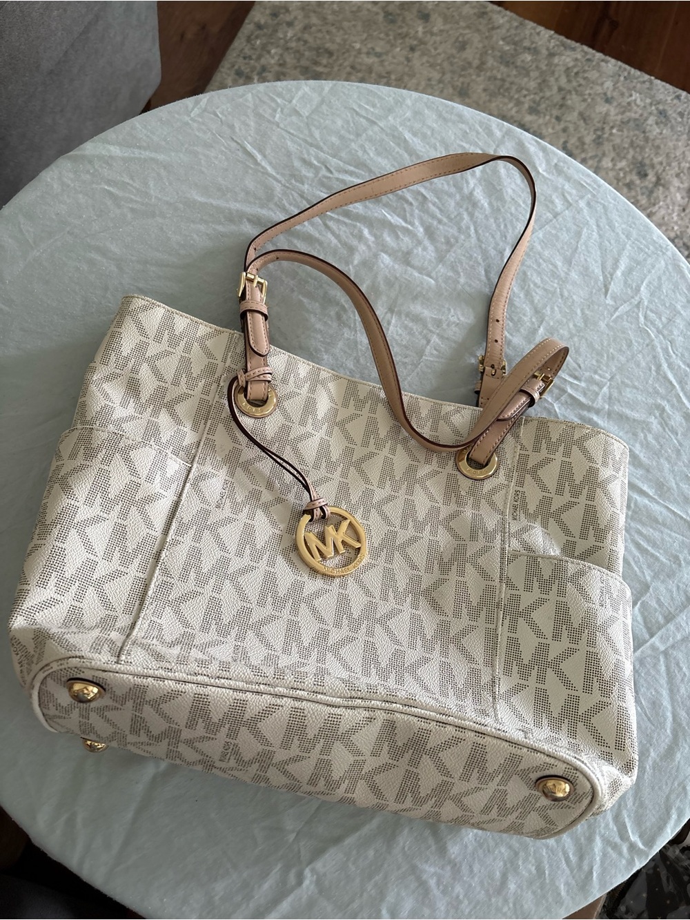Michael Kors Cream Jet Set EW Signature Tote with Tan Straps